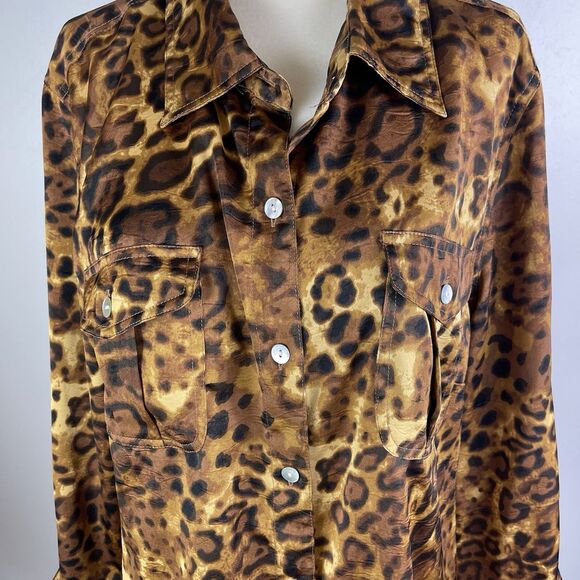 Ruby Rd Liquid Knit Long Sleeve Blouse 12 Leopard Animal Print Shiny Roll Tab - Picture 6 of 11
